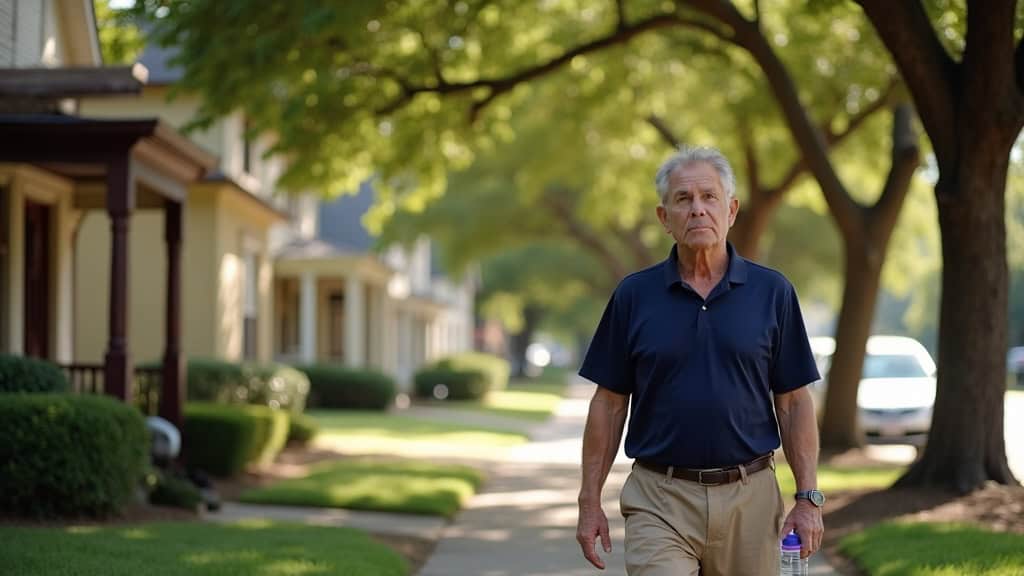 Active Houston resident walking confidently through Heights neighborhood after successful herniated disc recovery