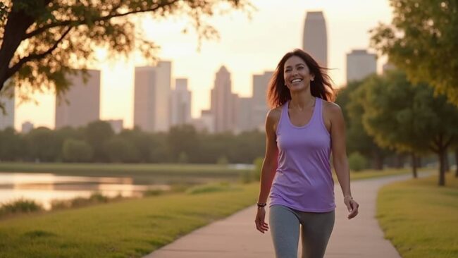 Woman walking confidently on Buffalo Bayou trail after herniated disc recovery with Houston skyline behind her