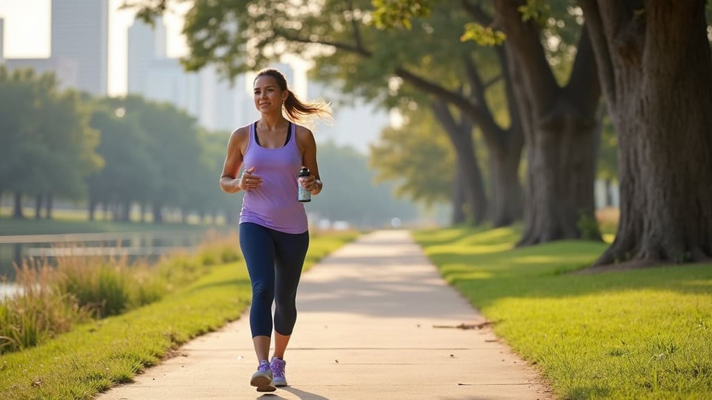Active woman walking along Buffalo Bayou trail near downtown Houston