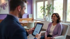 Woman discussing medial branch block vs radiofrequency ablation options with interventional pain physician in Houston medical office