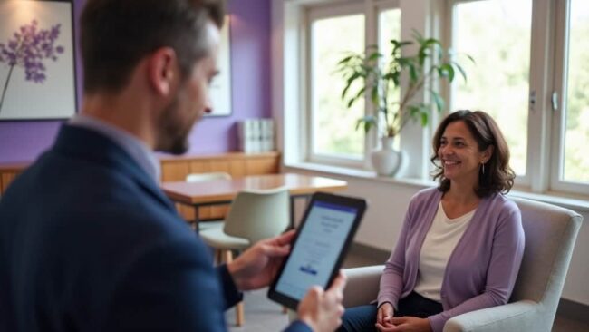 Woman discussing medial branch block vs radiofrequency ablation options with interventional pain physician in Houston medical office